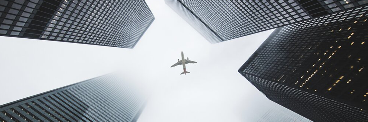 An image of a plane flying above a skyline show from below.