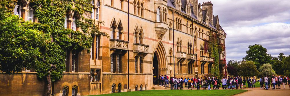 A photograph showing a large building with a large queue of people waiting to get in.